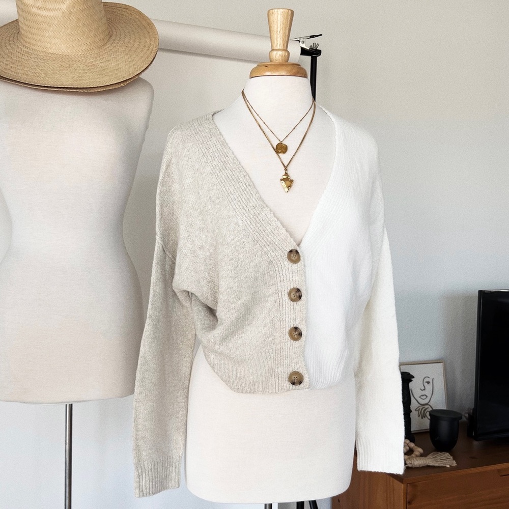 Neutral Color Blocked Drop Sleeve Cardigan